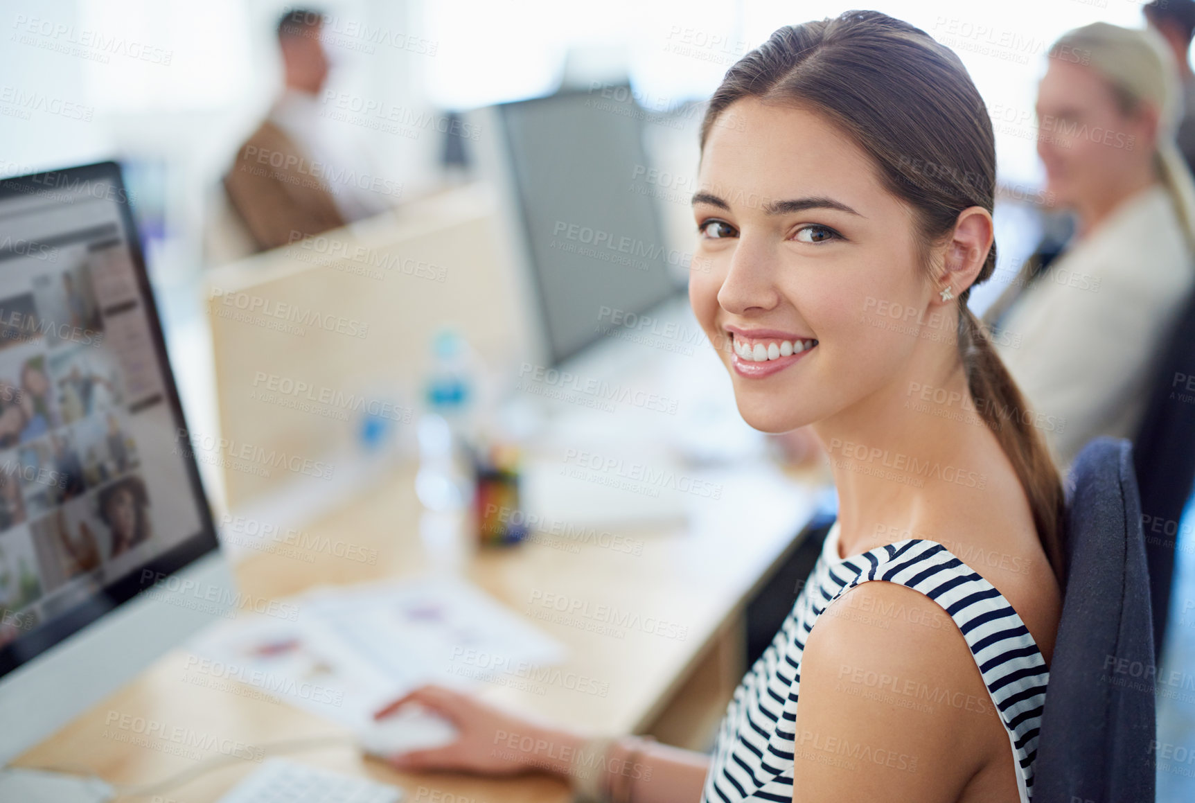 Buy stock photo Portrait, creative woman and computer in office with employee, career and graphic designer. Female person, happy and technology in digital agency in working, project or deadline with smile at company