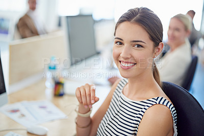 Buy stock photo Portrait, happy and business woman in coworking office for internship, new job and opportunity in public relations agency. Apprentice, creative and smile for teamwork, collaboration and press project