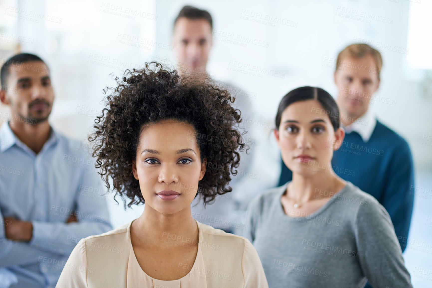 Buy stock photo Collaboration, leadership and portrait of business woman in office with team for administration or management. About us, diversity and teamwork with employee group in workplace together for unity