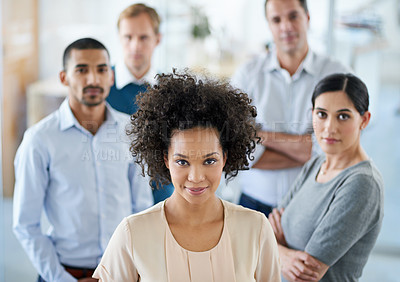 Buy stock photo Portrait, leadership or businesswoman in group with support and teamwork at human resources office. Diversity, men and people standing in startup together with pride, staff solidarity and confidence