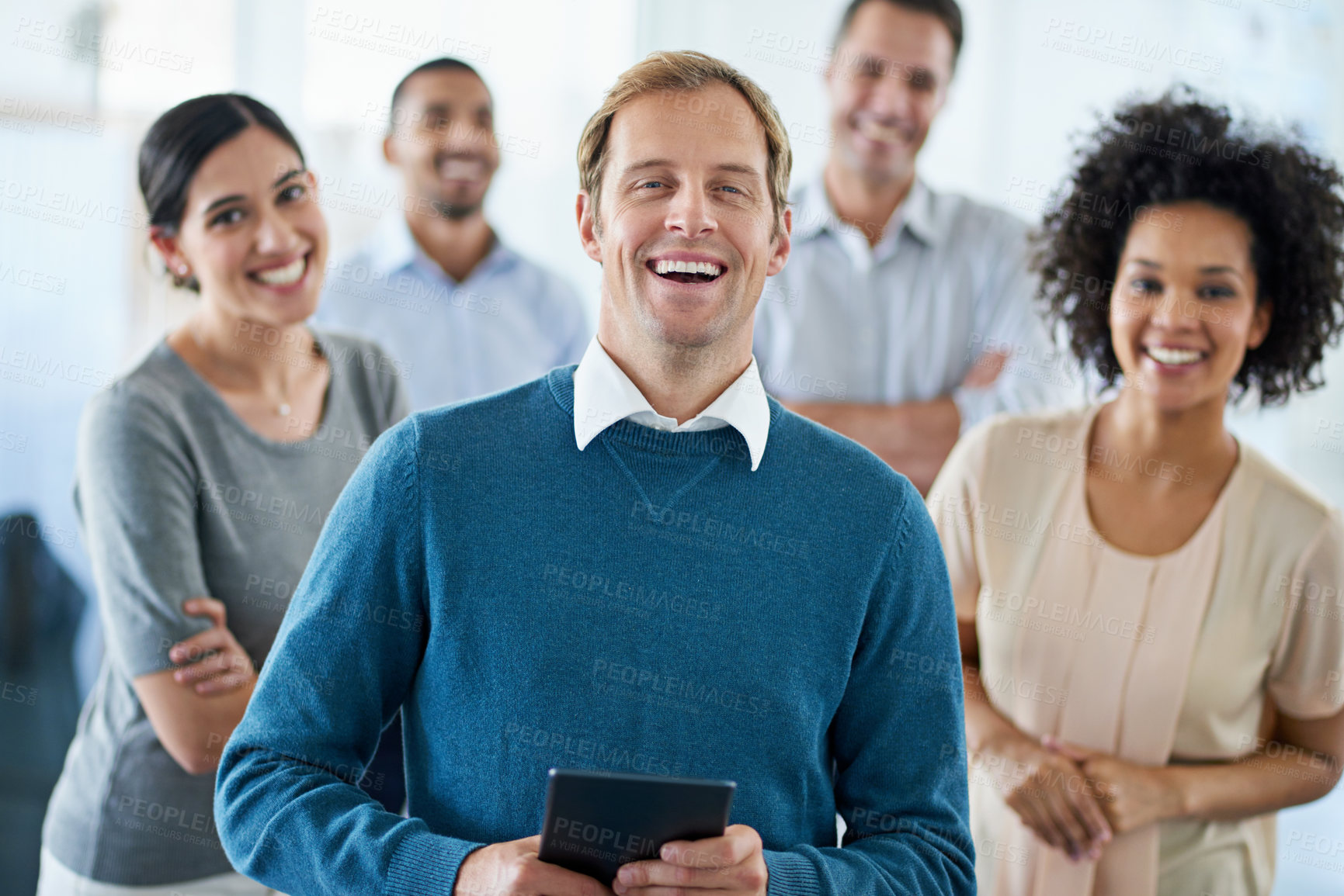 Buy stock photo Portrait, laughing or businessman in group with tablet and teamwork at human resources office. Diversity, manager and happy people standing in startup together with pride, solidarity and opportunity