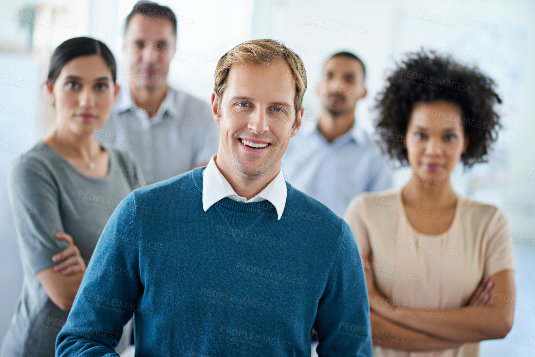 Buy stock photo Portrait, happy or businessman in group with smile and teamwork at human resources office. Diversity, manager and confident people standing in startup together with pride, solidarity and opportunity