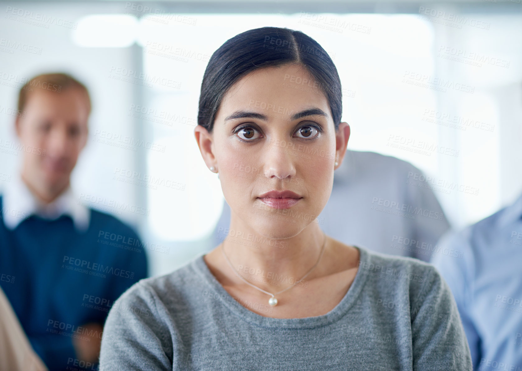 Buy stock photo Leadership, portrait or serious and business woman in office with team for administration or management. About us, company and diversity with employee group in workplace together for teamwork