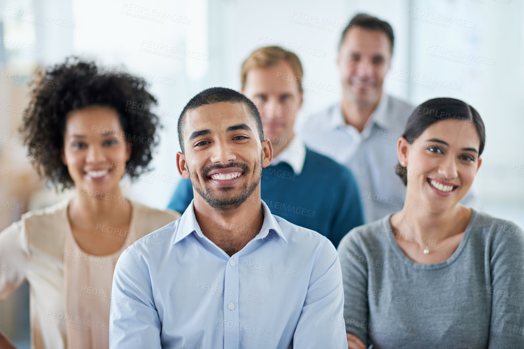 Buy stock photo Happy, portrait and diversity of business people in an office for teamwork, leadership and success. Agency, together and employees with a smile at work for management support and solidarity as staff
