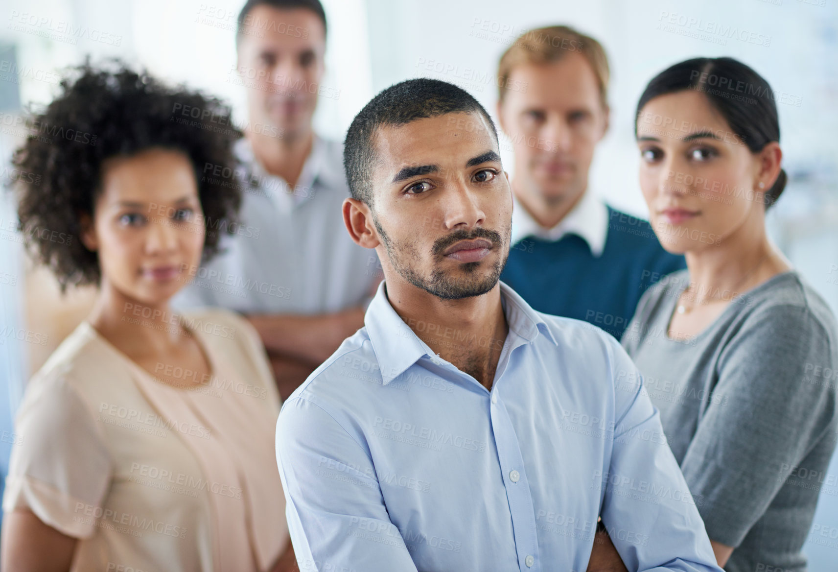 Buy stock photo Portrait, team and businessman in office with confidence for collaboration, partnership or support. Media agency, diversity and employees with startup for solidarity, trust or company development