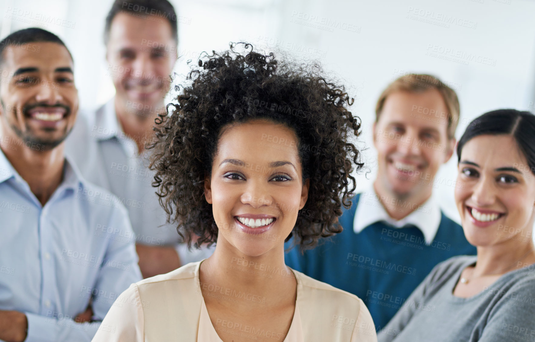 Buy stock photo Leadership, portrait and smile with business people in office together for administration or collaboration. Diversity, management and teamwork with happy employee group in professional workplace