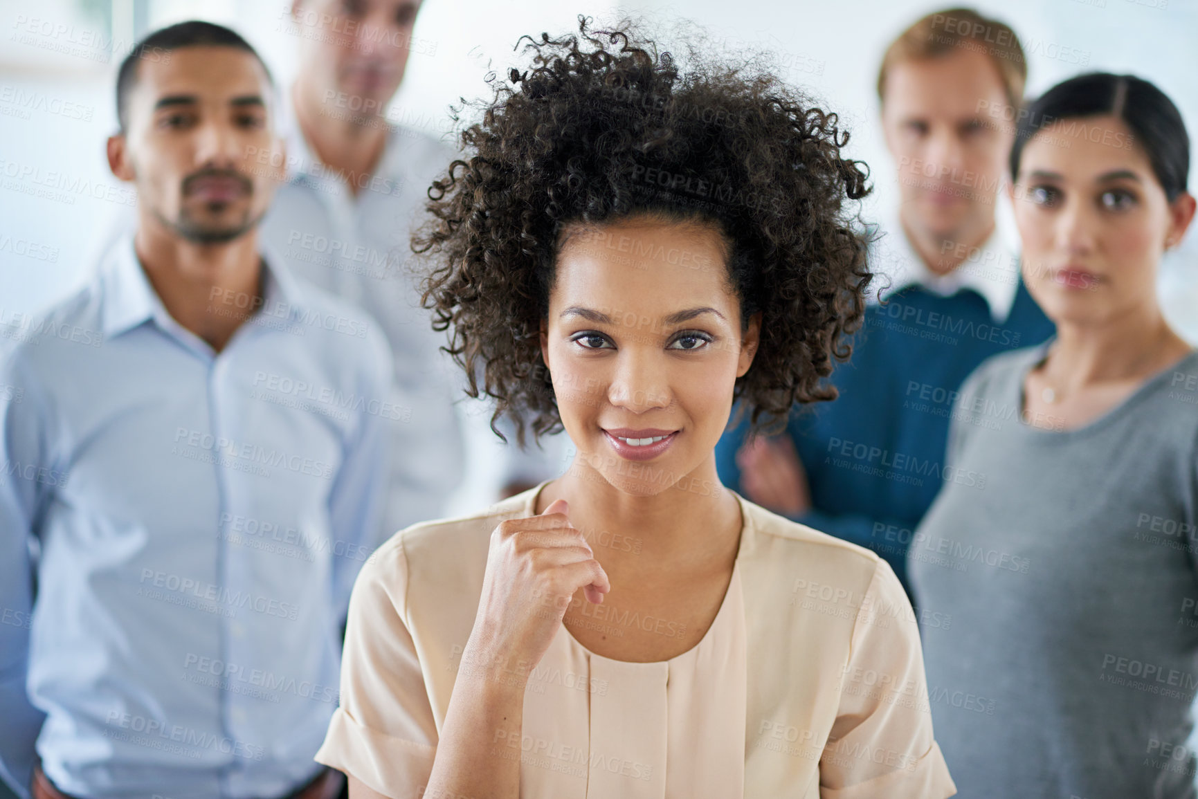 Buy stock photo Confident, leadership and portrait with business people in office together for administration or collaboration. Face, diversity and management with happy employee teamwork in company workplace