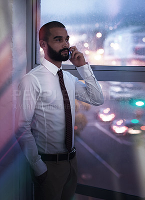 Buy stock photo Phone call, night and businessman in office, city and employee for corporate, company and bookkeeper. Window, dark and male person with network, mobile and technology for talking, working and job