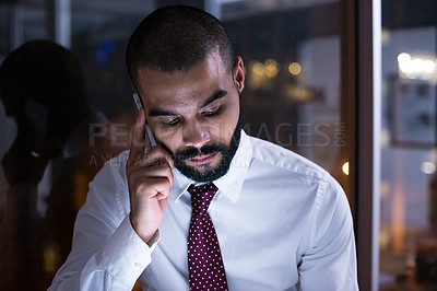 Buy stock photo Phone call, serious and man in night, working and employee for corporate, company and bookkeeper. Window, dark and male person with network, mobile and technology for talking, business and job