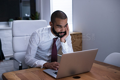 Buy stock photo Tired, businessman and headache from work stress, fatigue and exhaustion with laptop in office. Depression, male accountant and mental health with computer and burnout from project or company audit