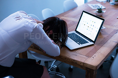 Buy stock photo Tired, businesswoman and headache from work stress, fatigue and burnout with laptop in office. Depression, female accountant and mental health with insomnia or burnout from  company project or audit
