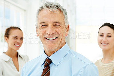 Buy stock photo Portrait, senior businessman and team in office with corporate career, job pride and smile in workplace. Professional man, women or startup with happy face for workforce or staff for collaboration