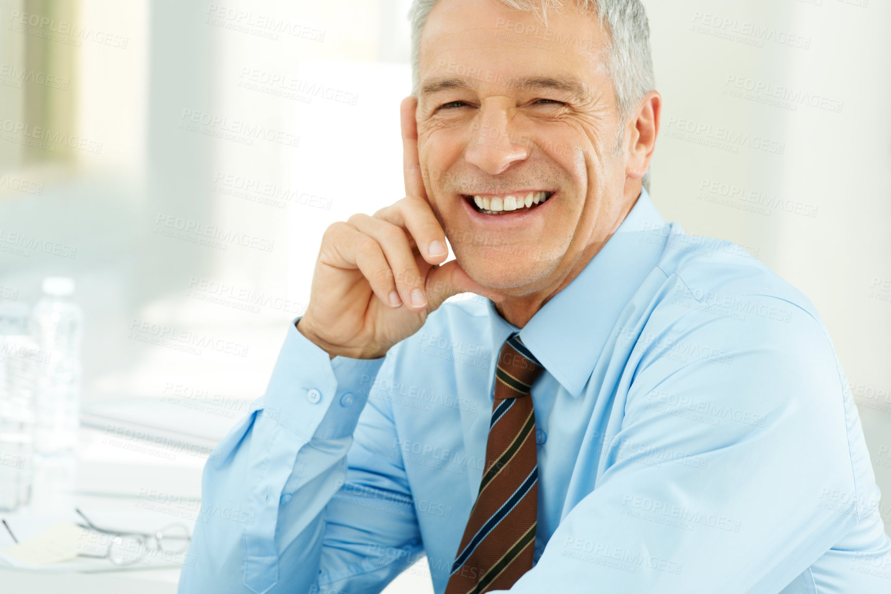 Buy stock photo Happy, confident and portrait of mature businessman in the office with positive and good attitude. Smile, professional and male attorney from Canada with legal law career in modern workplace.