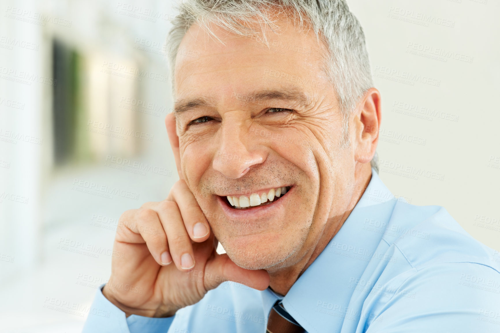 Buy stock photo Smile, confident and portrait of mature businessman in the office with positive and good attitude. Happy, professional and male attorney from Canada with legal law career in modern workplace.