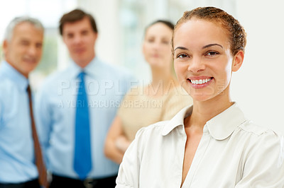 Buy stock photo Smile, portrait and manager with team in the office with positive, good and confident attitude. Happy, career and business woman with group of professional employees for collaboration in workplace.
