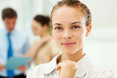 Buy stock photo Smile, portrait and business woman in the office with positive, good and confident attitude. Happy, pride and professional female designer from Canada with creative career in modern workplace.