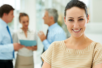 Buy stock photo Smile, portrait and business woman with team of people in the office with positive, good and confident attitude. Happy, face and manager with group of professional employees in workplace.