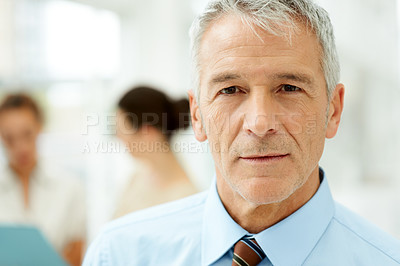 Buy stock photo Serious, confident and portrait of mature businessman in the office with ambition and vision. Corporate, professional and male attorney from Canada with legal law career in modern workplace.