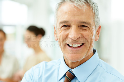 Buy stock photo Smile, happy and portrait of mature businessman in the office with positive and good attitude. Confident, professional and male attorney from Canada with legal law career in modern workplace.