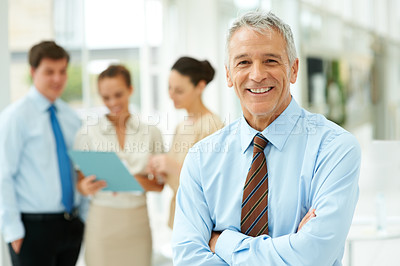Buy stock photo Portrait, senior man and business with arms crossed, smile and Ceo with happiness, corporate and professional. Face, old person or employees with manager, teamwork and startup with leader or planning