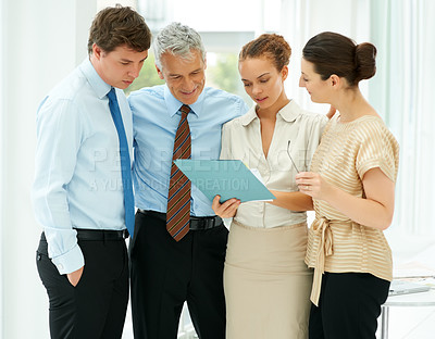 Buy stock photo Business people, paperwork and collaboration on documents, planning and strategy in office. Colleagues, cooperation and brainstorming or analysis, discussion and meeting for report, teamwork for sale