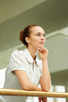 Buy stock photo Businesswoman, thinking and vision for future in office with chic, elegant and modern fashion for job. Professional person, manager and confident with idea for corporate planning, startup or career