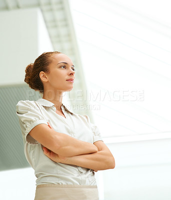 Buy stock photo Business woman, thinking and confident on idea, leadership and contemplating career future in office. Female person, arms crossed and pride for profession, opportunity and vision or inspiration
