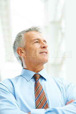 Buy stock photo Businessman, thinking and confident or company future, corporate wondering or project growth idea. Male person, mature manager and thoughts of office work vision or professional, planning or mission