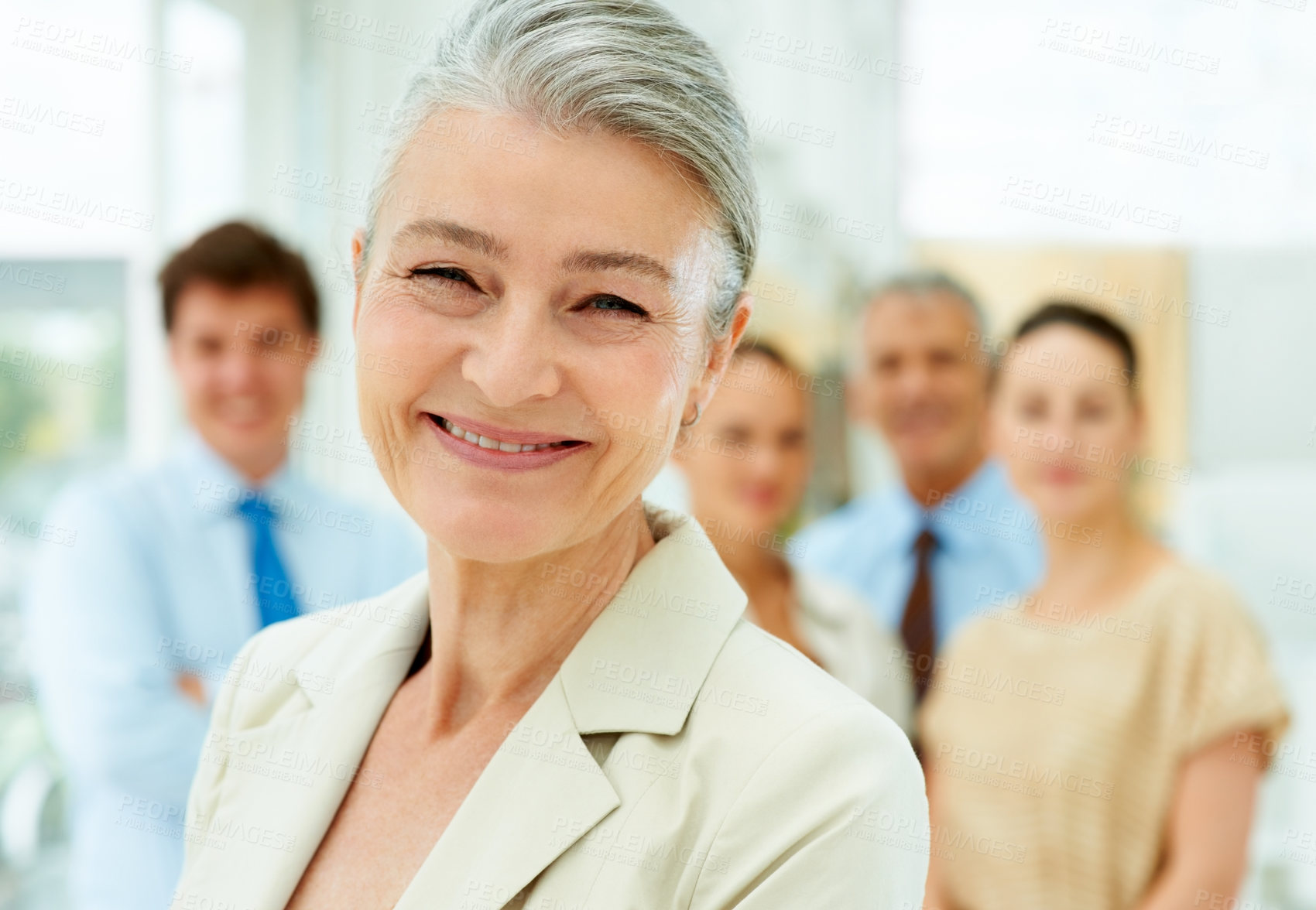 Buy stock photo Portrait, company and leadership with a senior woman in the office as a CEO, manager or boss of a team. Face, smile and management with a happy mature leader in the workplace for corporate business