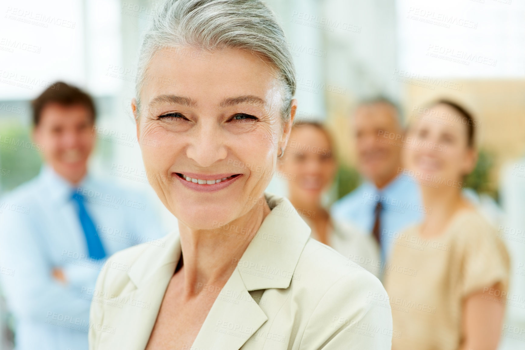 Buy stock photo Portrait, corporate and leadership with a senior woman in the office as a CEO, manager or boss of a company. Face, smile and management with a happy elderly business leader in the workplace for a job