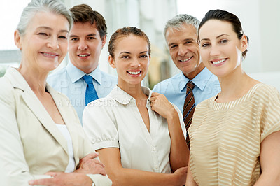 Buy stock photo Smile, portrait and team of business people in the office with positive, good and confident attitude. Happy, diversity and group of professional employees for collaboration and unity in workplace.