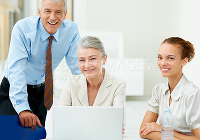 Buy stock photo Portrait, happy team and ceo on laptop in business meeting together, collaboration or cooperation. Senior face, group and professional financial consultants on computer, manager  and people in office