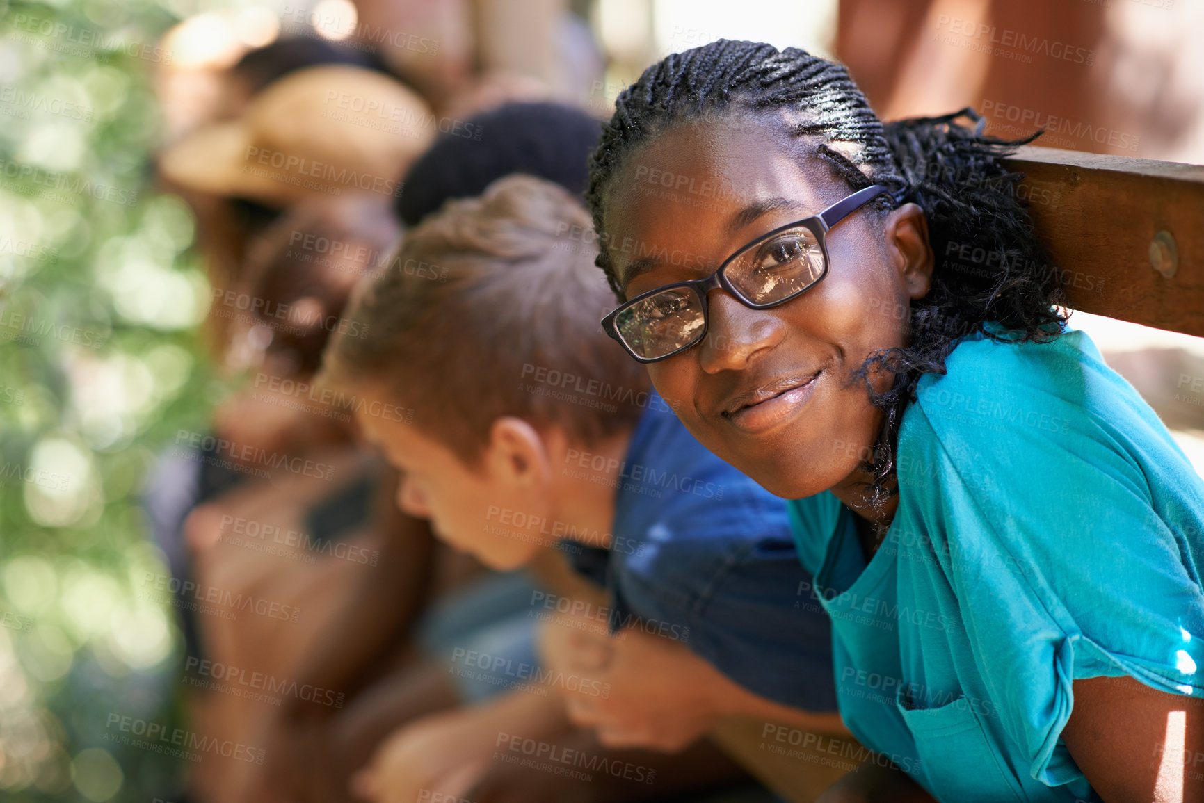 Buy stock photo Black girl, camp or friends portrait with happiness or glasses outdoor. Happy, African and female teen with face and a smile from summer camping, holiday or team building with fun people in treehouse