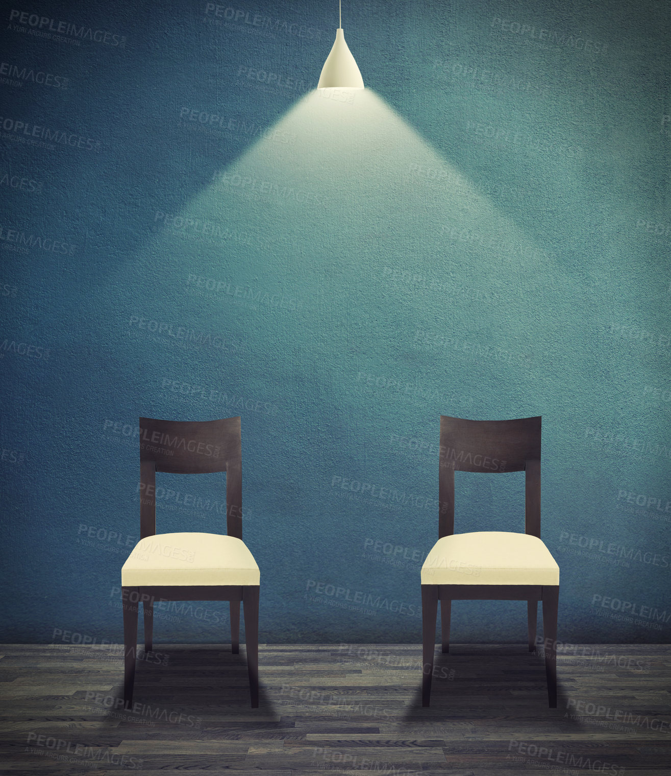 Buy stock photo Illustration, empty room and interrogation with light on chair for legal, justice or questions on wall background. Jail, criminal investigation and spotlight art for suspect, defense or punishment