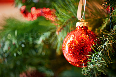 Buy stock photo Christmas, holiday and tree with red mockup ornament ball, bauble and decor for Christian celebration, card and season. Sparkle, shiny and glitter background for new year, party and festive greeting