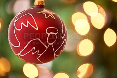 Buy stock photo Closeup shot of an ornament hanging on a christmas tree