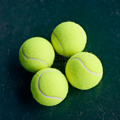 Buy stock photo Tennis ball, sports and outdoor on ground in closeup for training, games and professional competition. Equipment, court and fitness with zoom on floor, exercise and international contest in London