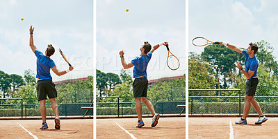 Buy stock photo Composite image of a tennis player serving
