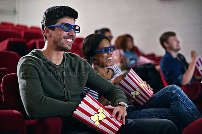 Buy stock photo 3d, movie and couple in cinema on date with popcorn to relax and watch in theatre with happiness. Film, experience and people in audience with glasses enjoy funny comedy and eating snack or food