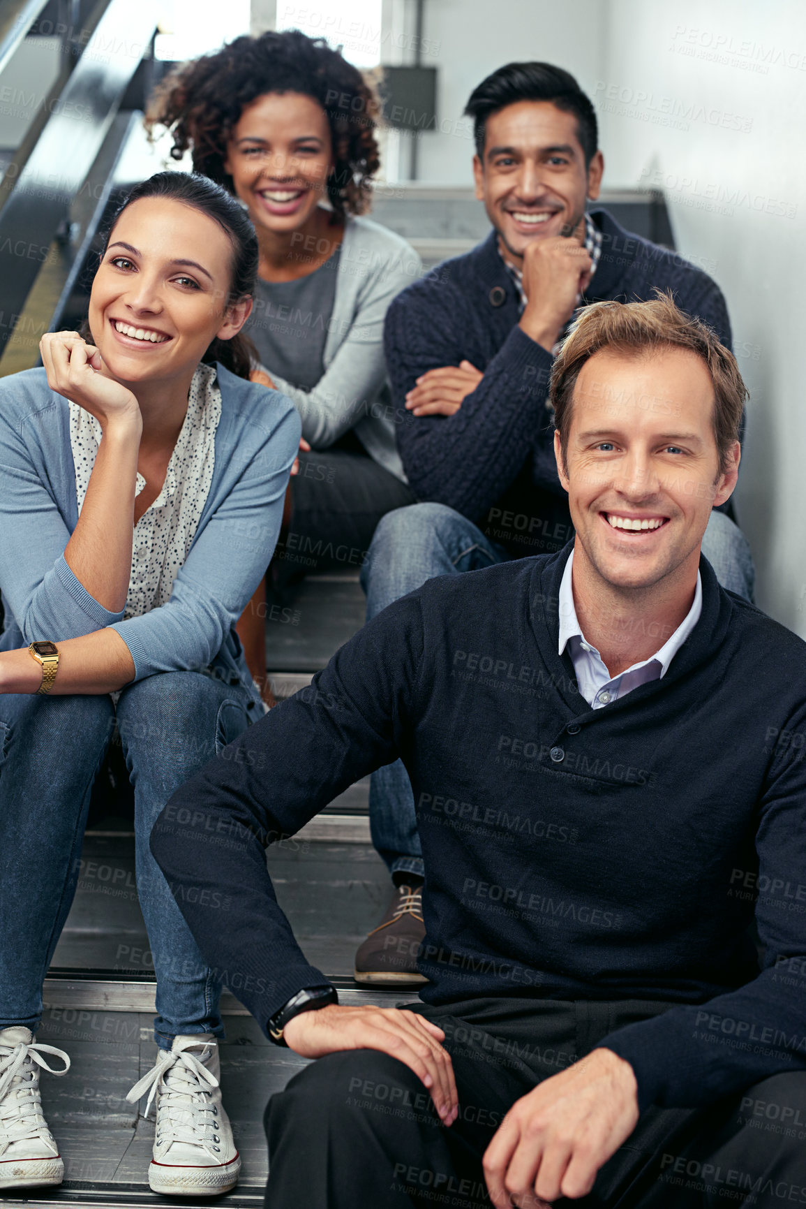 Buy stock photo Business, smile and portrait of team on steps in modern office building, creative collaboration and together. Multimedia production group, people and designers on stairs, task and project management.