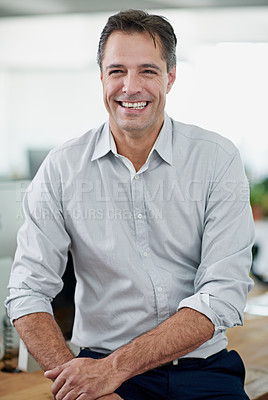 Buy stock photo Portrait, businessman and mature in office as employee, professional and accounting as manager. Male person, serious and confident in financial agency in working, consulting and cheerful at company