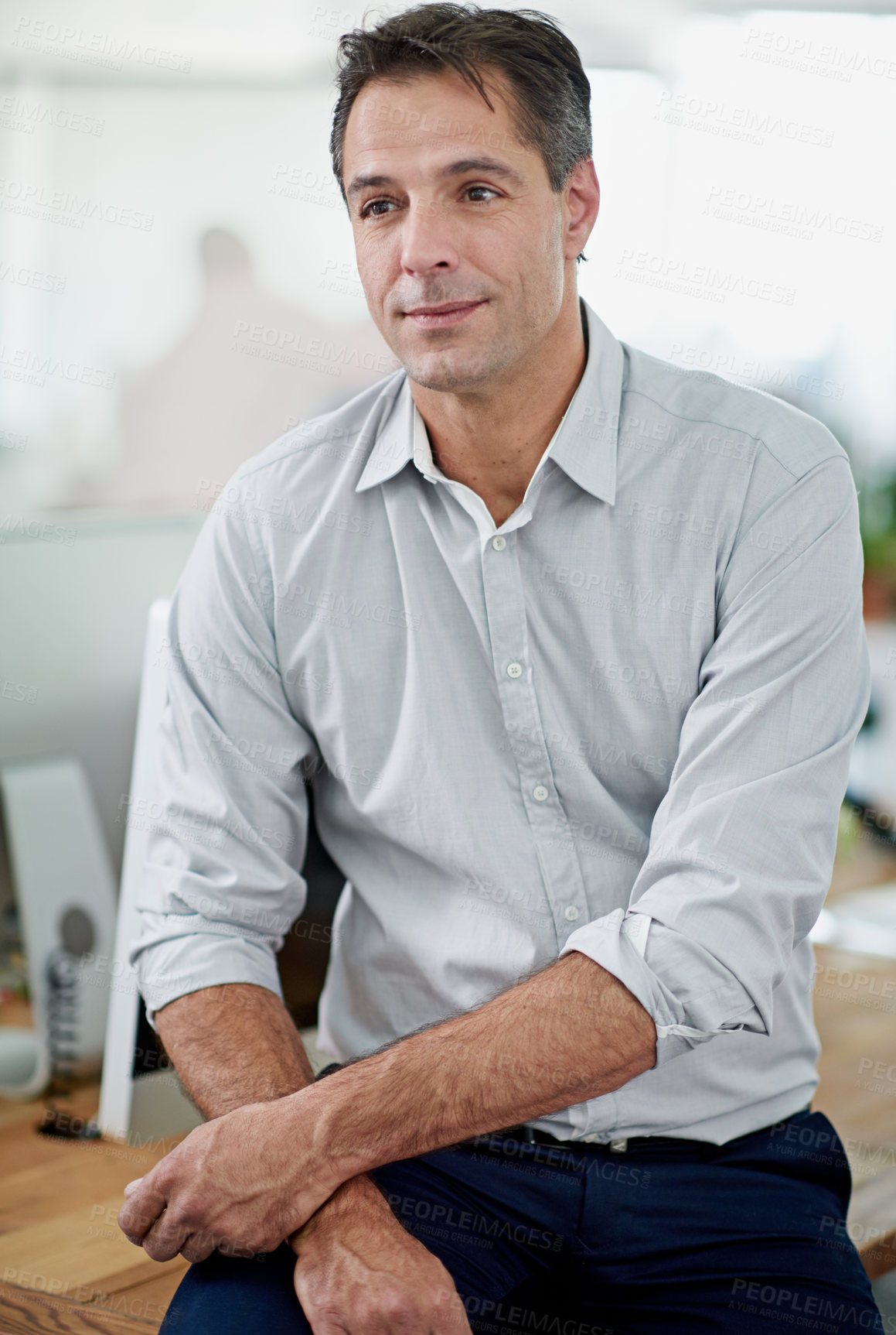 Buy stock photo Business man, smile and thinking of information technology services, solution and vision at startup agency. Technical worker or developer relax by desktop with company ideas for software development