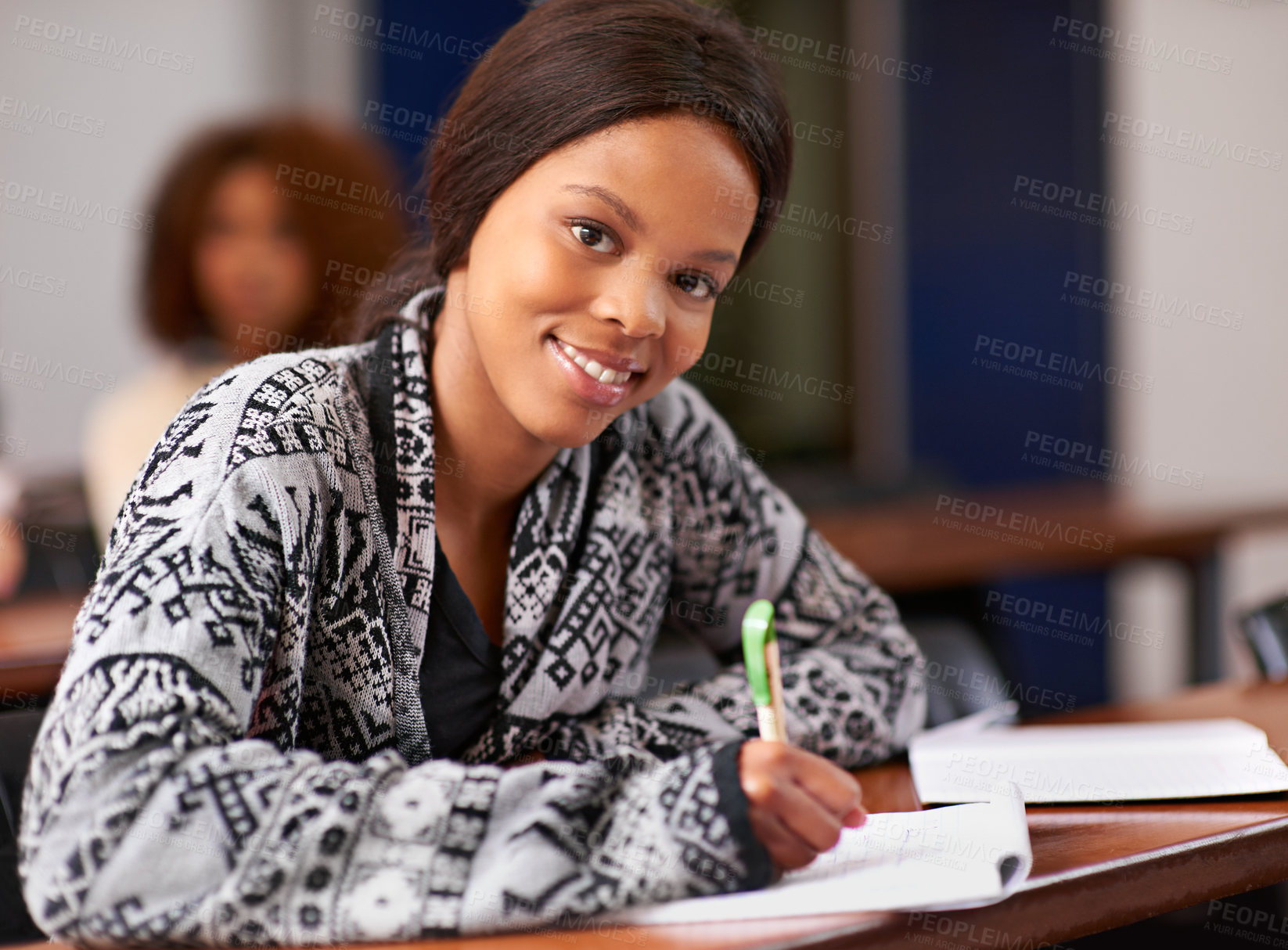 Buy stock photo University, exam and portrait of black girl in classroom for education, development or scholarship. Campus, paper and face of student with test at academy for future, learning and knowledge in school