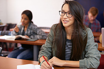 Buy stock photo University student, class and writing in education lecture or college scholarship for learning, campus or studying. Female person, desk and notebook for diploma project or knowledge, course or degree