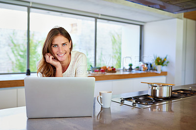 Buy stock photo Girl, laptop and portrait in kitchen with remote work from home for freelance copywriting with smile. Woman, person and writer with pc, happy and morning in house, creativity and editing with coffee