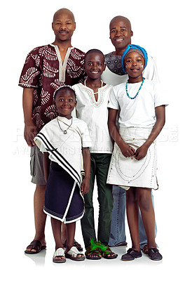 Buy stock photo Studio shot of two african men with their kids, all in traditional dress, against a white background