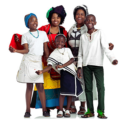 Buy stock photo Studio shot of two traditional african women with their children against a white background