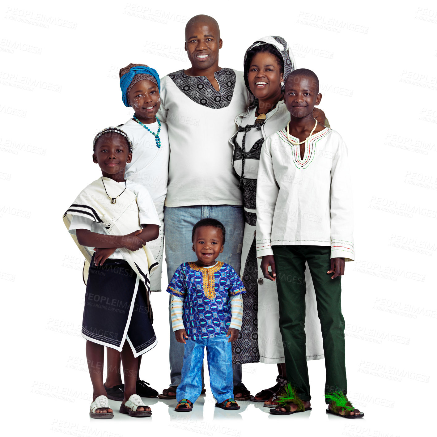 Buy stock photo African family, hug and fashion in studio portrait, proud culture and traditional on white background. Parents, happiness and children with people bonding, embrace security and love for heritage