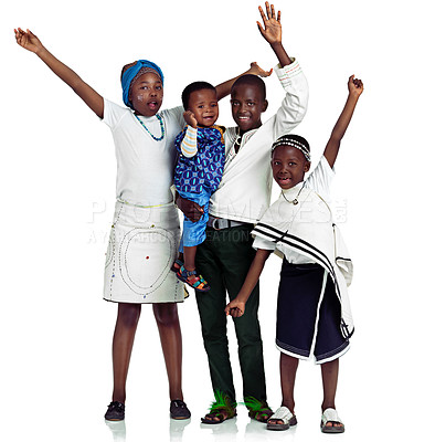 Buy stock photo Celebration, culture and portrait of black children in studio with traditional fashion. Cheering, happy and group of African kids with attire for event for indigenous pride by white background.