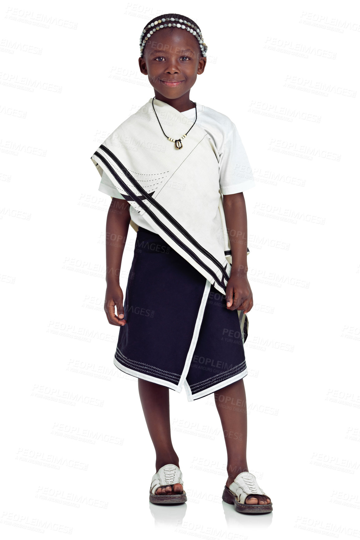 Buy stock photo Traditional, fashion and portrait of black kid in studio for heritage, clothes and confidence. Smile, African boy and body with headband accessory for outfit, culture and pride on white background